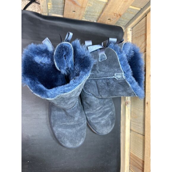 UGG Womens Mini Bailey Bow II Boots Size 7 Navy Blue Suede Shearling Warm Winter - Picture 3 of 9